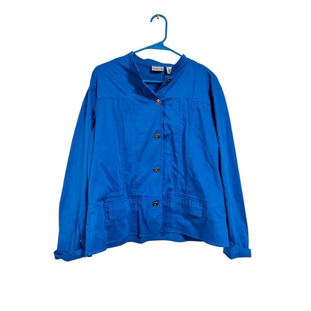 Chico's Blue Button Up Lightweight Jacket Size 3 or US Size XL Cotton Nylon